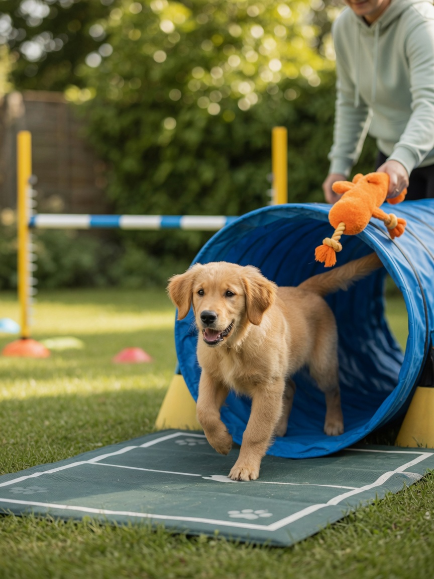 Young Golden Retriever puppy practicing tunnel work at home with handler nearby