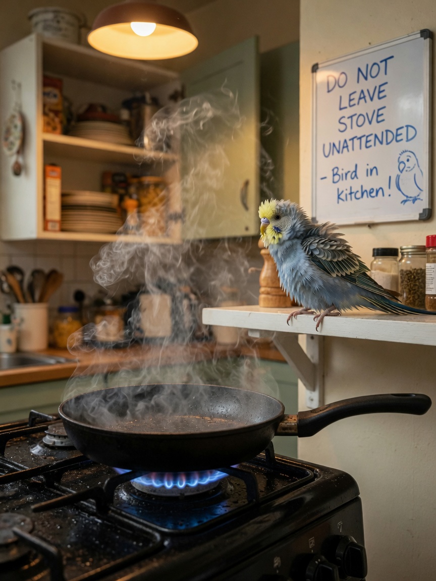 Smoking non-stick skillet on high heat with distressed budgerigar on nearby shelf showing PTFE toxicity hazard