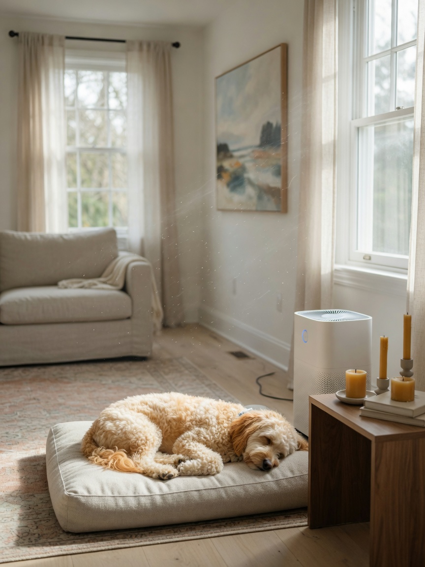 Living room with open window, running HEPA air purifier, sleeping Doodle, and beeswax candles showing improved pet air quality