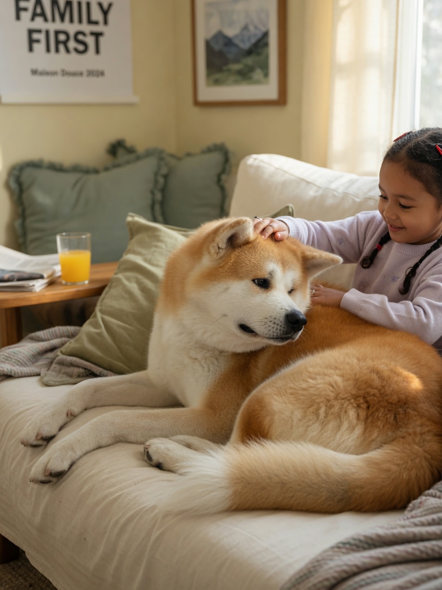 A devoted Akita resting beside a child on a couch, demonstrating the breed's deep family bonding and protective nature indoors.