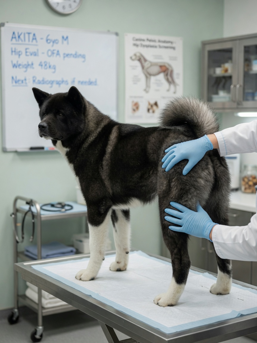 A veterinarian performing a hip examination on an Akita during a routine health check, assessing for hip dysplasia in the breed.