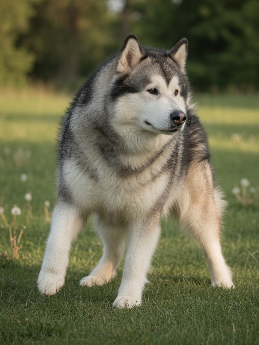 Alaskan Malamute demonstrating characteristic bunny-hop gait and wide-based rear stance indicative of hip dysplasia
