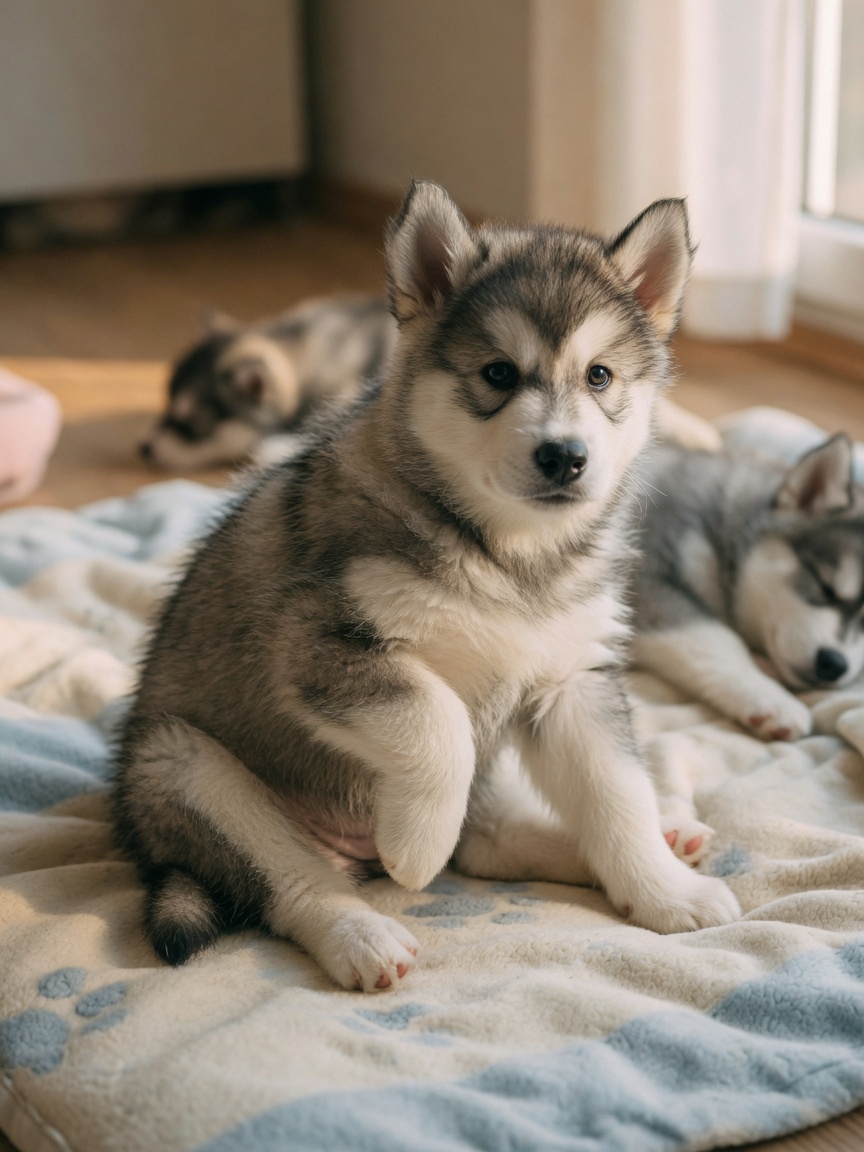 Chondrodysplastic Alaskan Malamute puppy displaying shortened, bowed limbs and disproportionate dwarfism