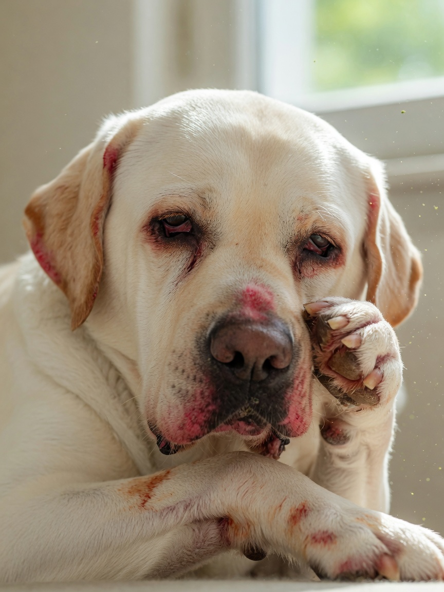 Close-up of inflamed skin, red ears, and rust-colored paw staining on a dog showing seasonal allergy symptoms