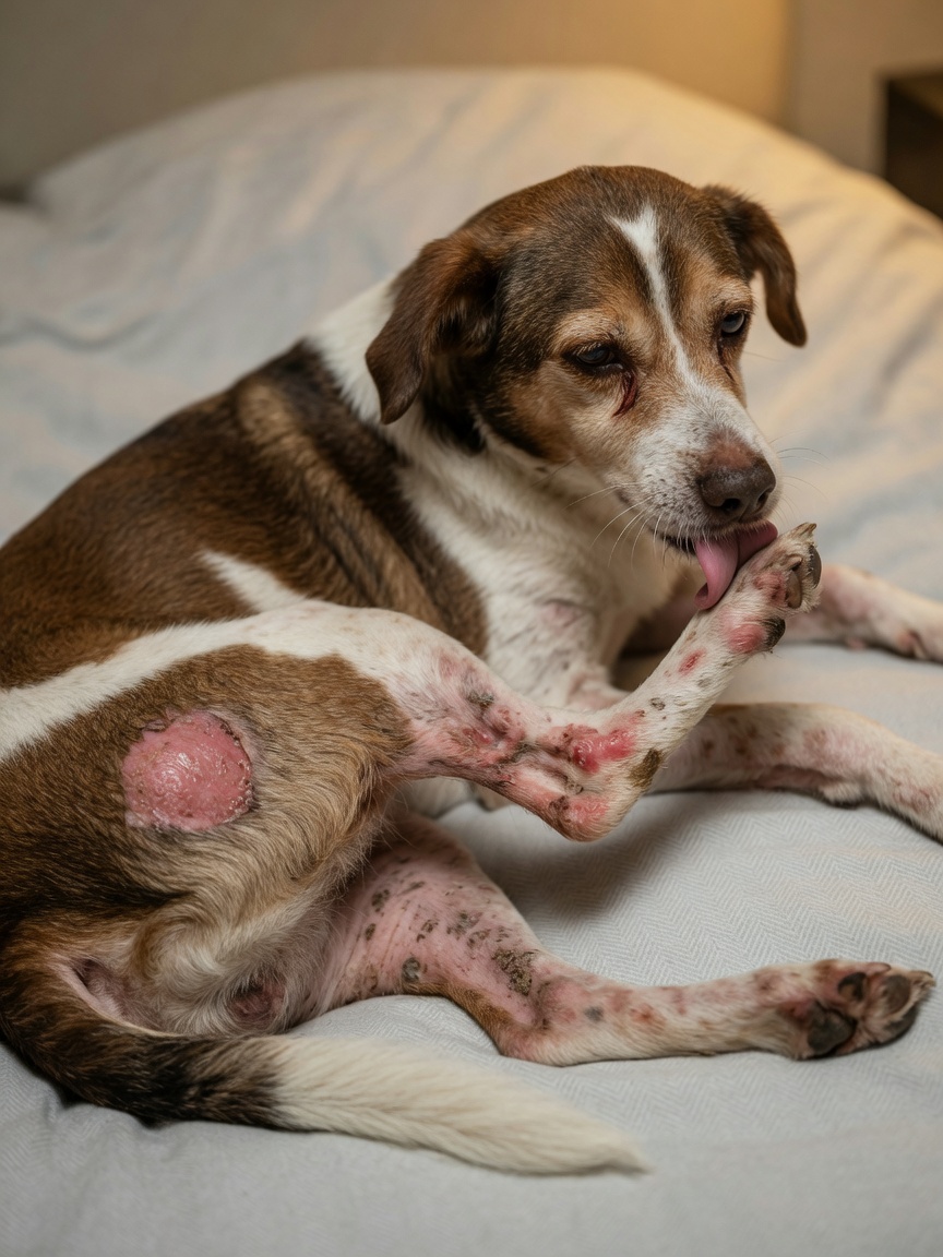 Dog displaying multiple allergy symptoms including red skin patches, hair loss, hot spots, and active paw licking while resting on bed