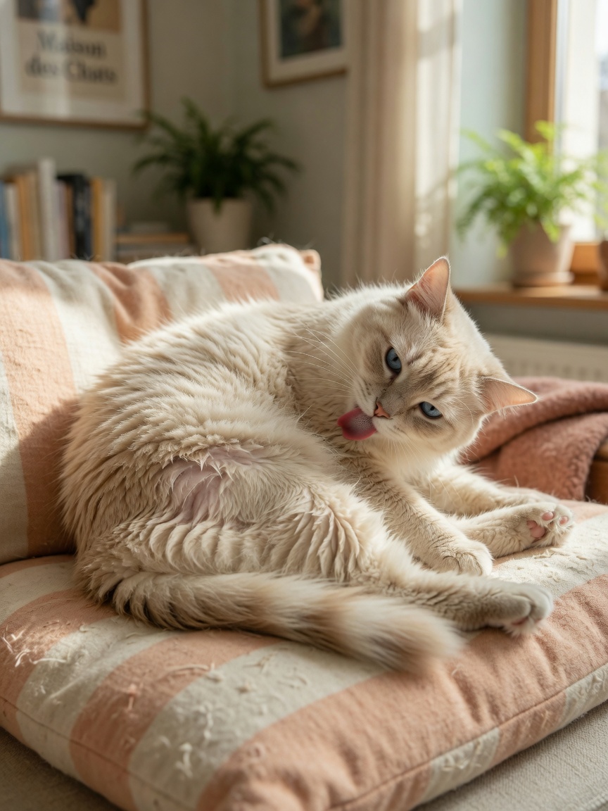 Cream-colored cat actively grooming and licking its flank showing self-induced hair loss
