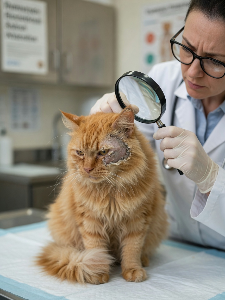 Veterinarian using magnifying glass to examine irregular scaly hair loss patches on a cat's ear and face