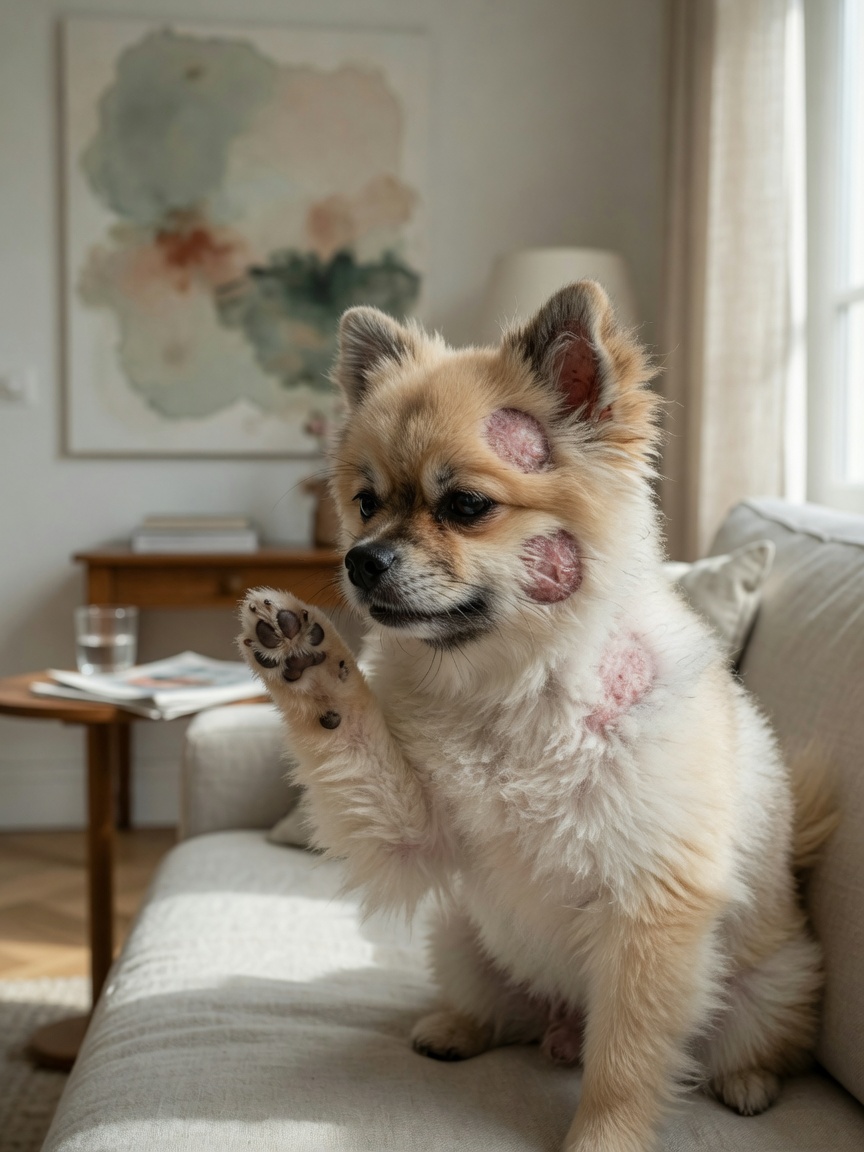 Pomeranian dog with demodectic mange showing bald patches around the face and ears