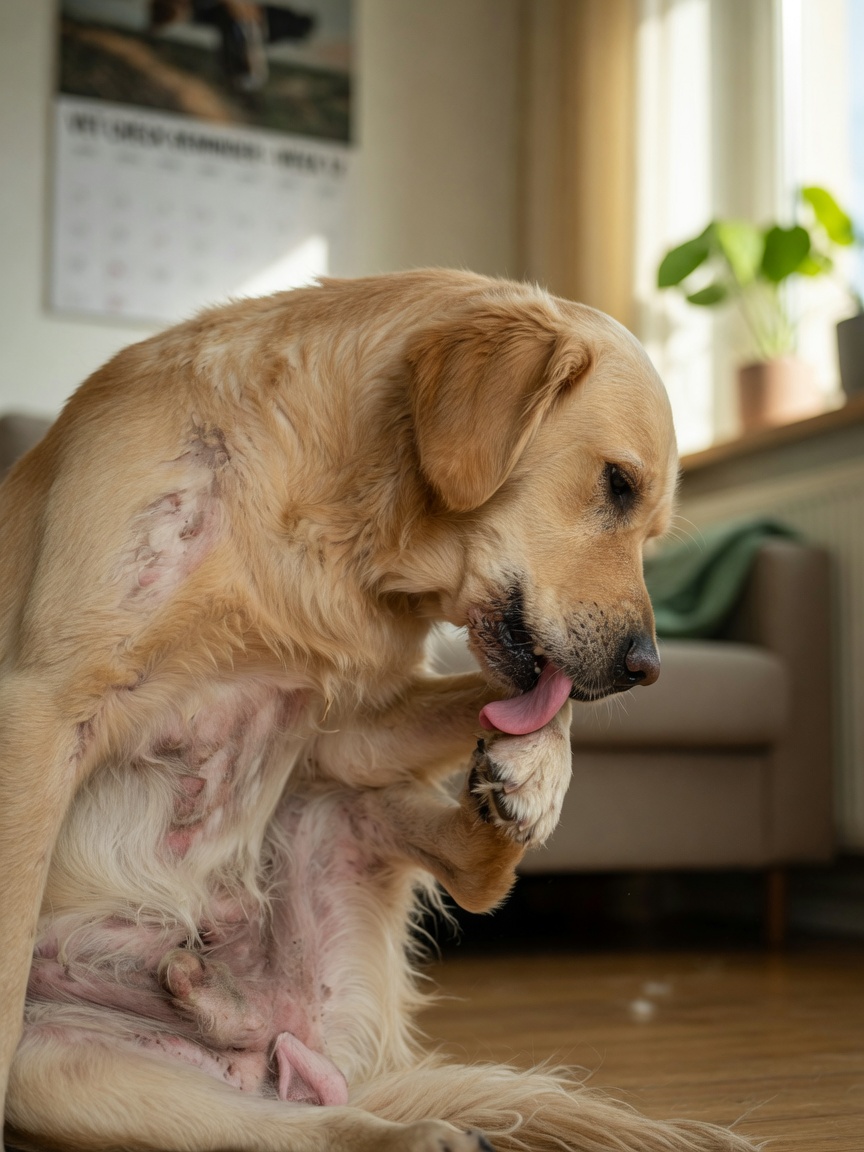 Golden Retriever licking and chewing at its paw showing hair loss from allergic self-trauma