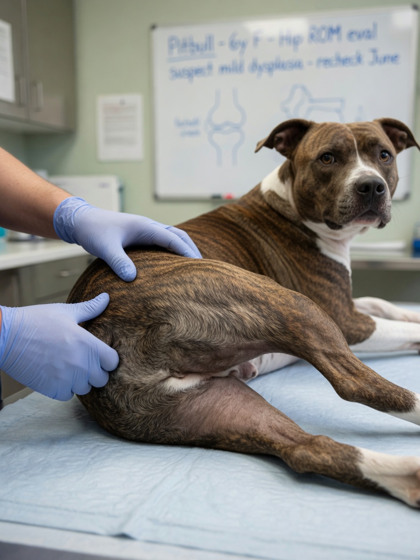 Veterinary examination of American Pit Bull Terrier's hip joint during assessment for dysplasia