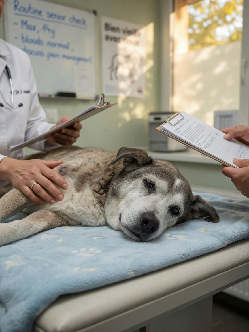 Elderly dog with grey muzzle on veterinary examination table with vet's reassuring hand, representing higher anaesthetic risk category