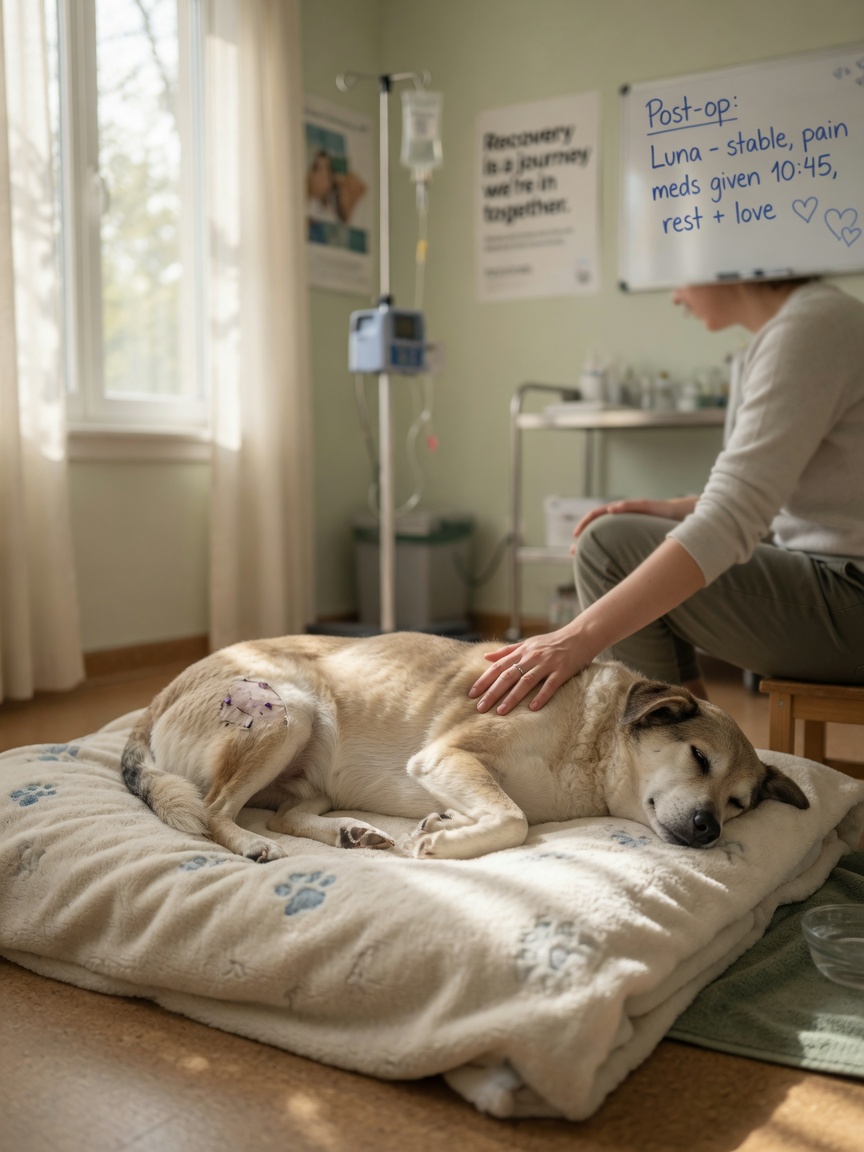 Recovering dog on soft blanket with owner's gentle hand, peaceful post-anaesthesia recovery scene