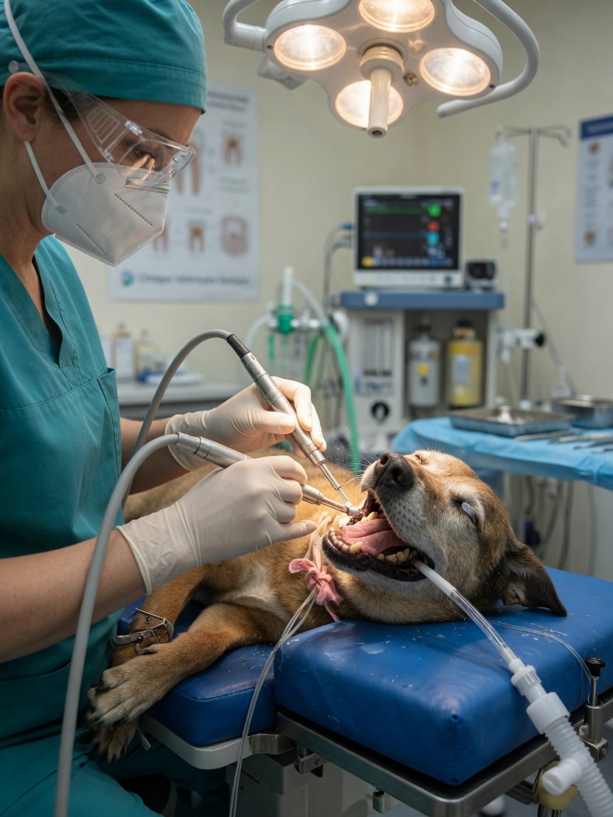 Dentista veterinário profissional realizando limpeza dentária anestesiada com equipamento e monitorização adequados