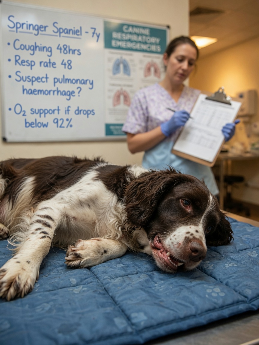 Springer Spaniel displaying respiratory distress and clinical signs consistent with Angiostrongylus vasorum infection