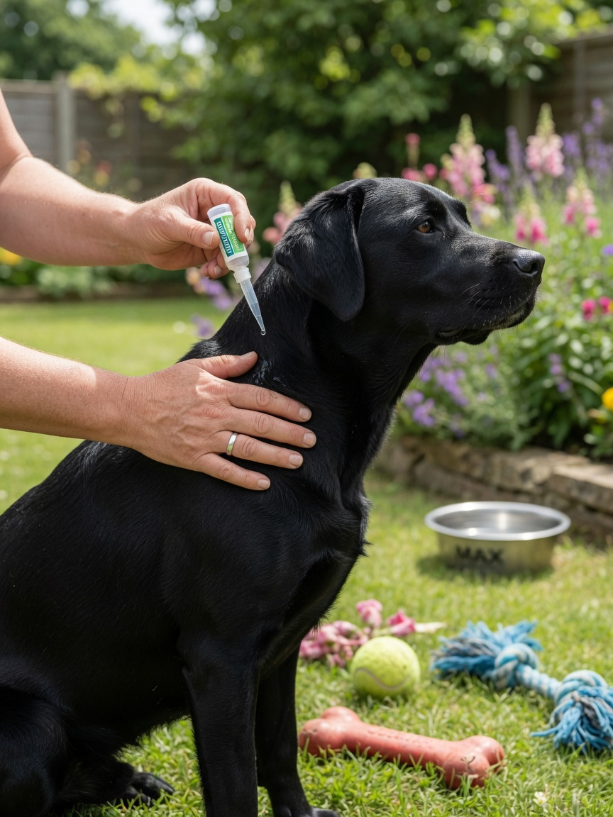 Dog owner applying monthly Angiostrongylus vasorum preventative treatment to a Labrador's neck in a home garden setting