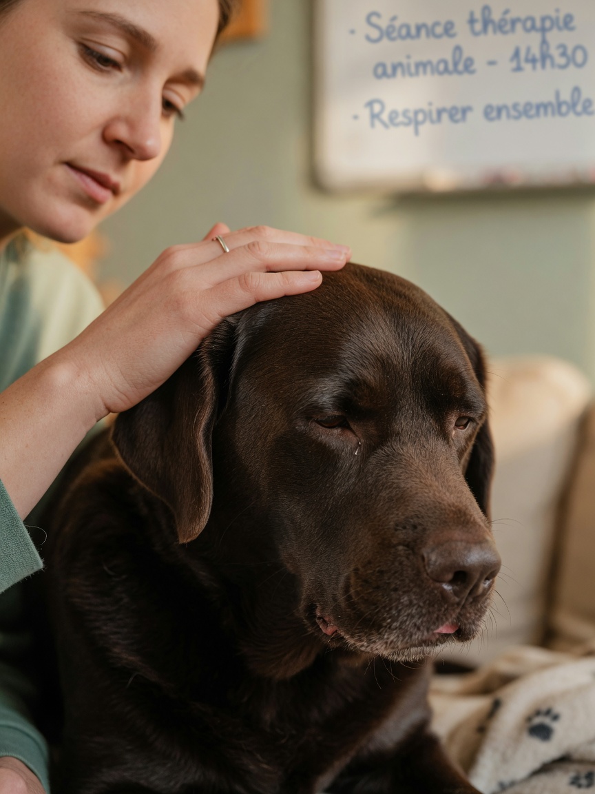 Hands stroking a therapy dog to illustrate the oxytocin release and stress reduction from animal interaction