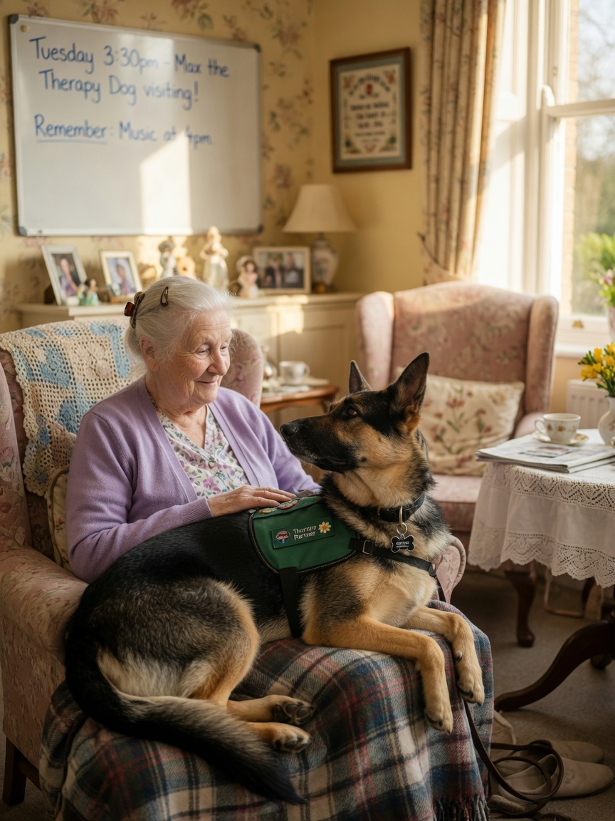 A therapy dog providing comfort to a dementia patient, demonstrating AAT in residential care