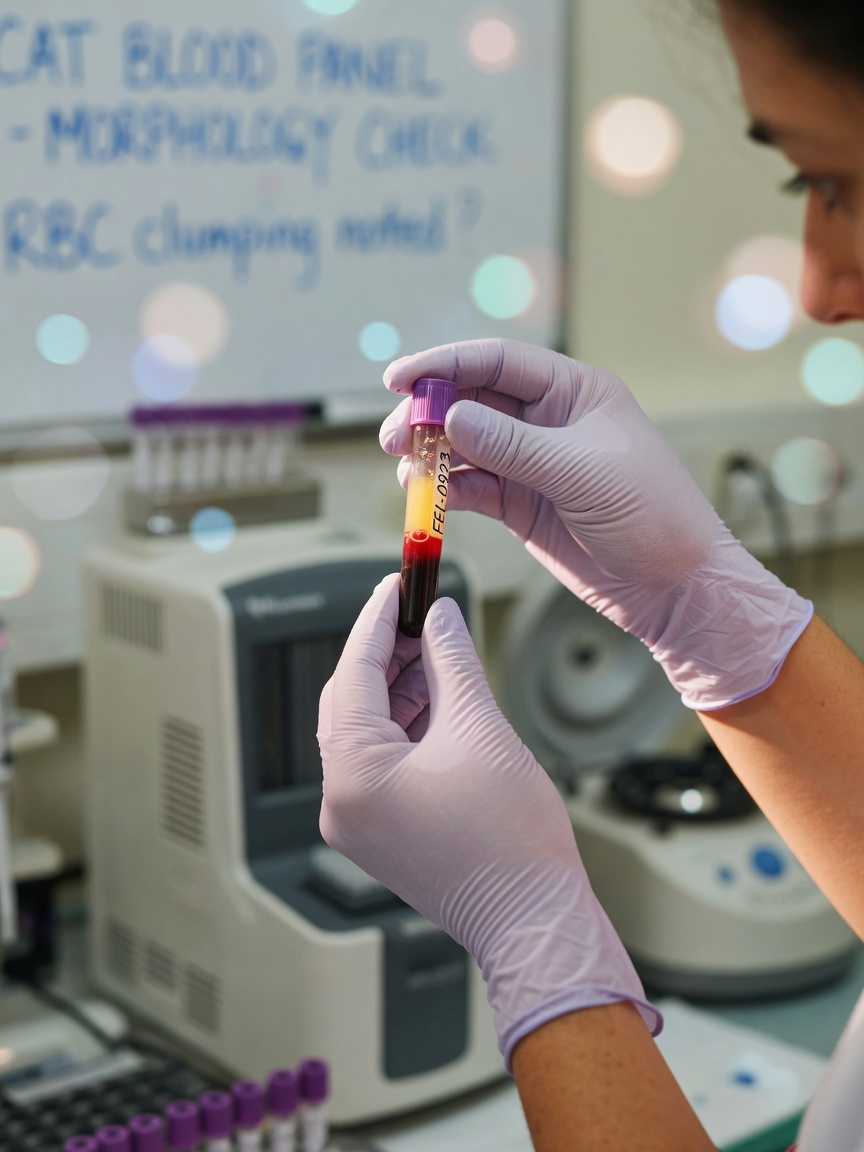 Laboratory technician examining a blood sample vial containing cellular components during diagnostic testing