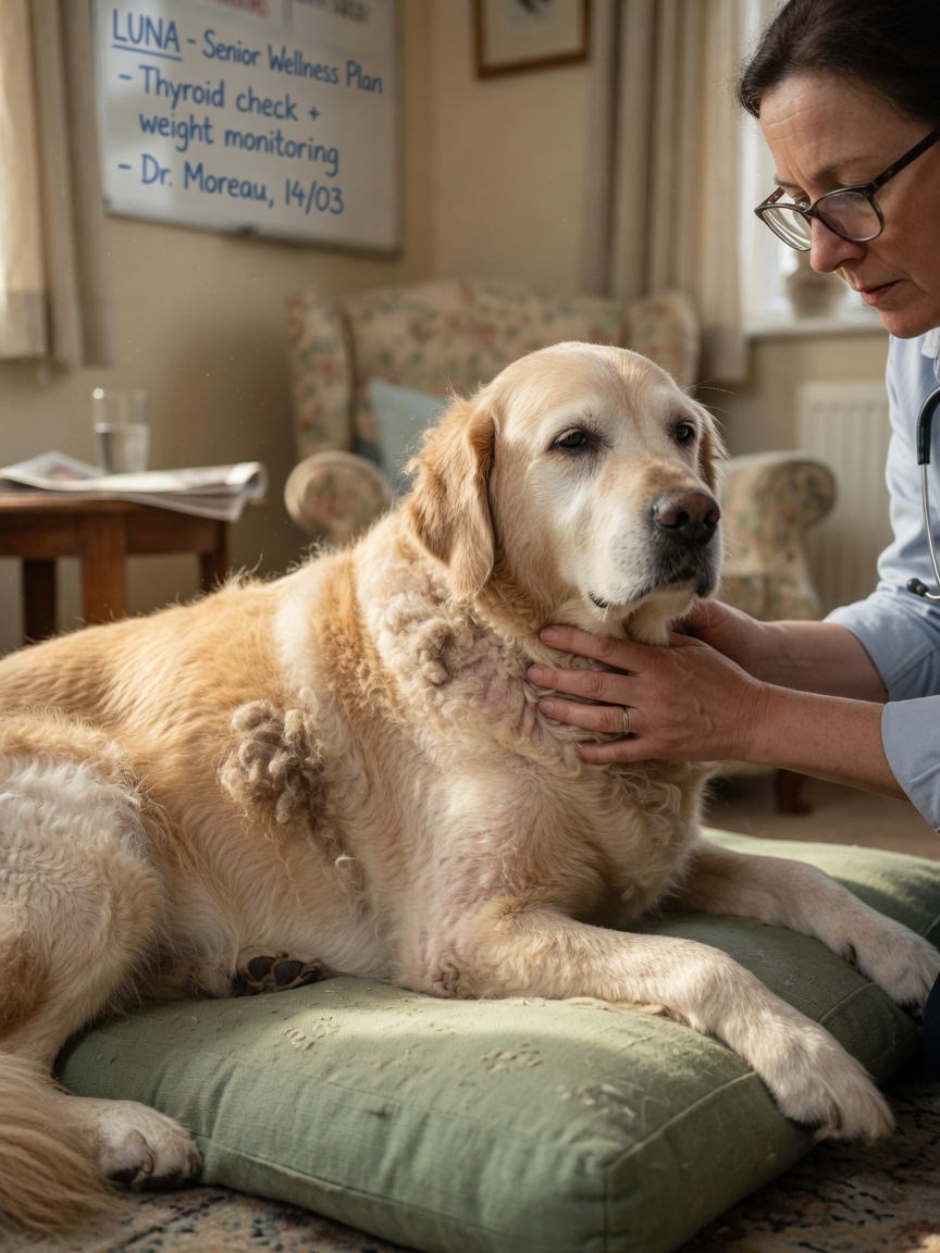 Senior Golden Retriever showing signs of hypothyroidism including weight gain and coat deterioration during thyroid examination