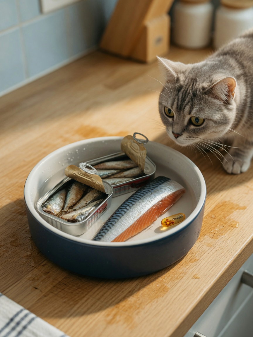 Fish oil supplements and tinned sardines arranged in a dog bowl on kitchen counter with fresh mackerel