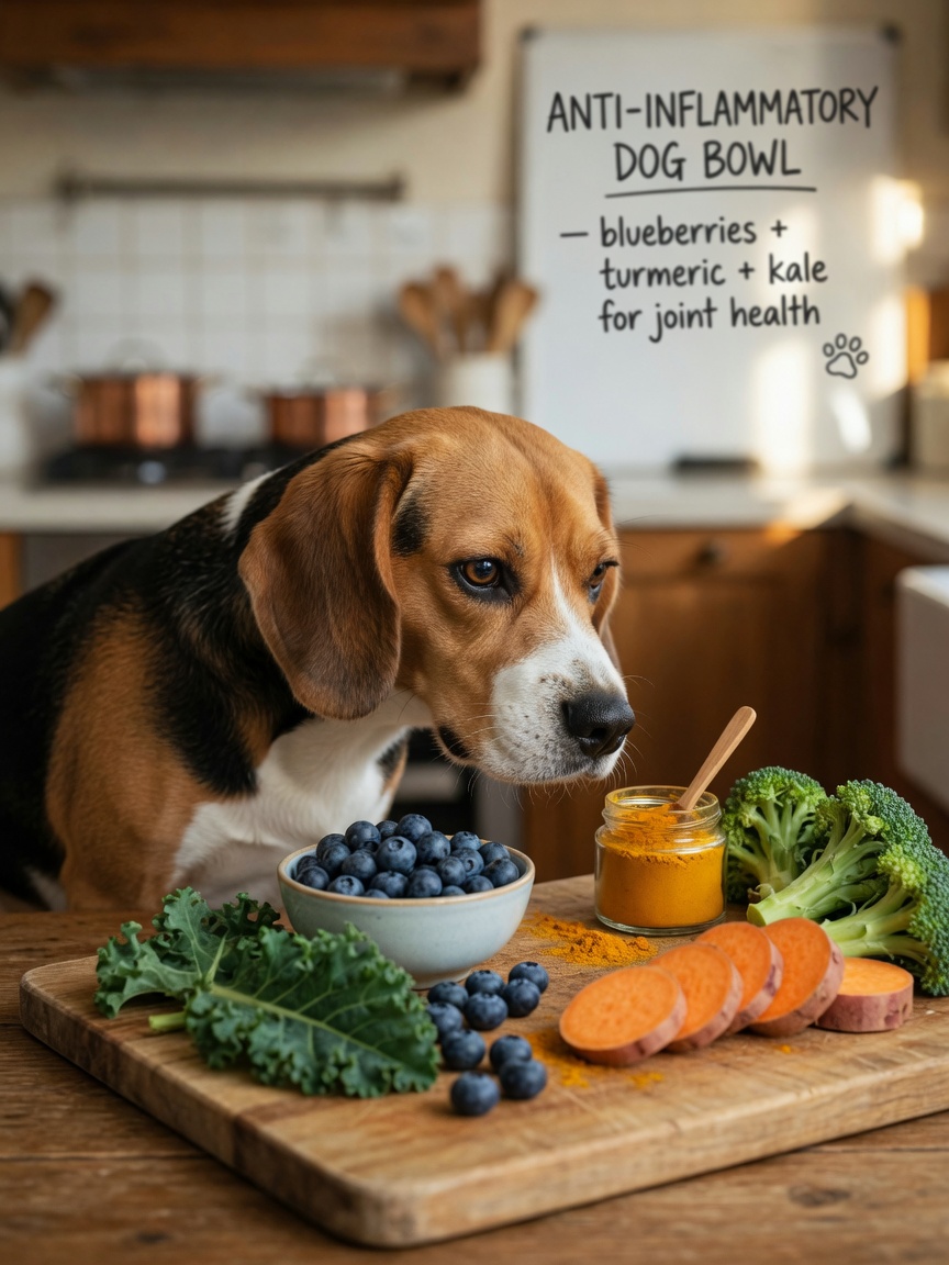 Beagle sniffing at an array of fresh anti-inflammatory dog foods including blueberries, kale, sweet potato, and broccoli