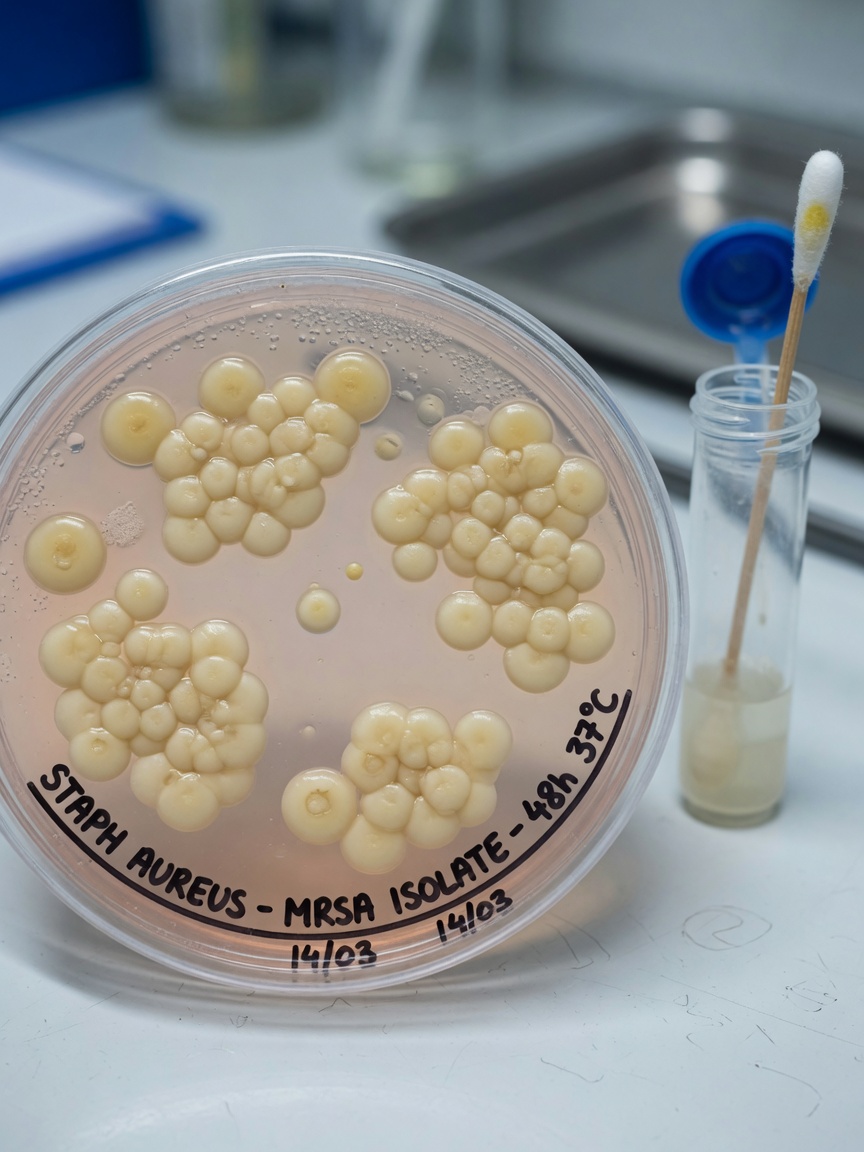 Laboratory petri dish showing bacterial culture colonies used to identify antibiotic-resistant strains