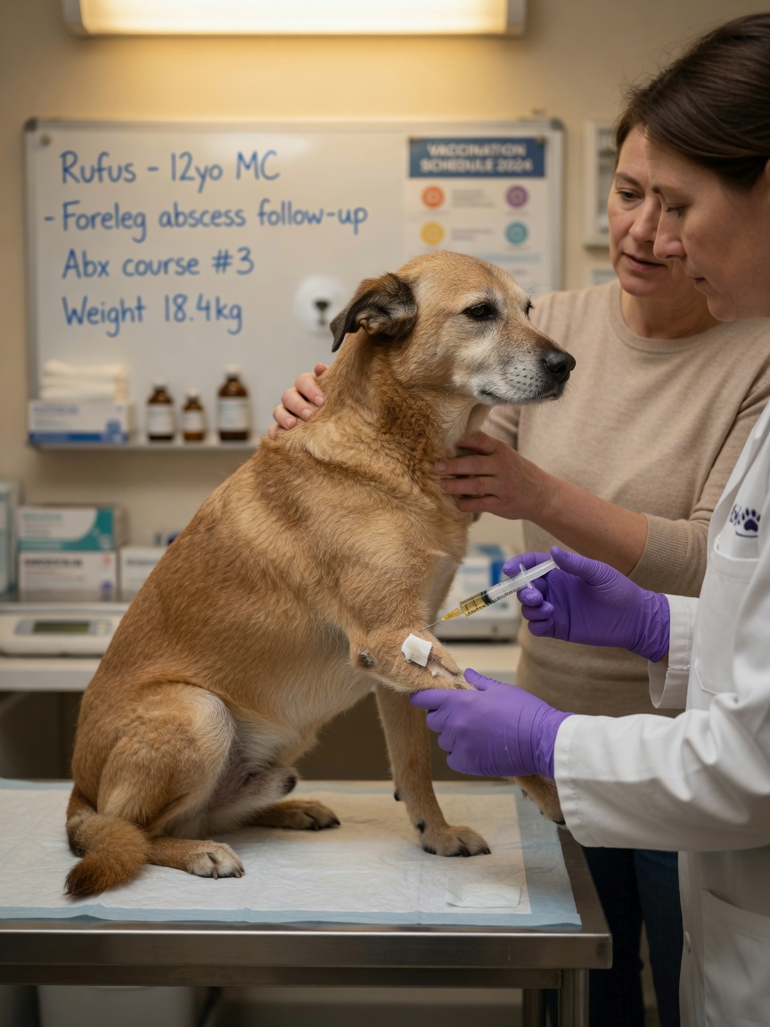 Veterinarian administering an antibiotic injection to treat a resistant bacterial infection in a dog