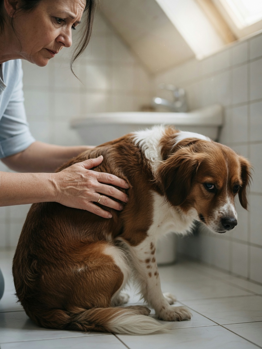 Dog experiencing antibiotic-associated gastrointestinal discomfort with owner providing comfort