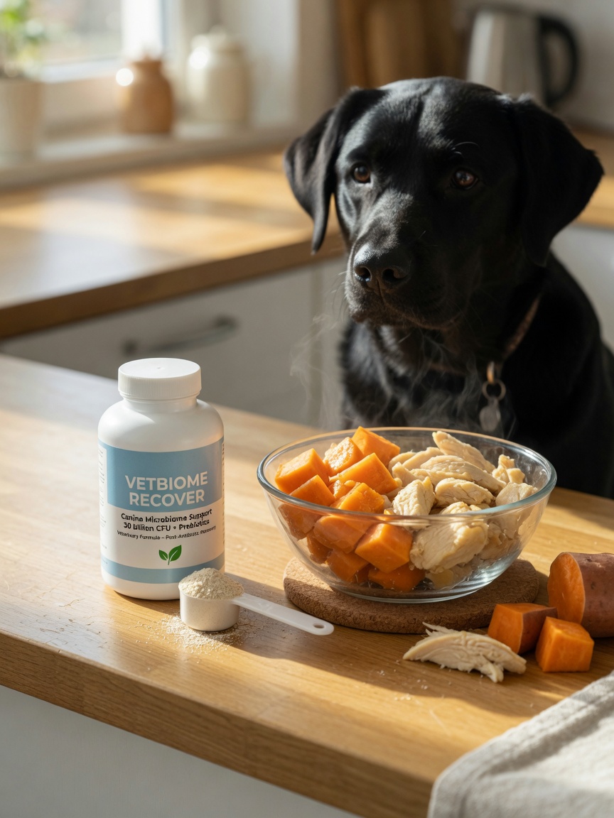 Probiotic supplements and prebiotic-rich foods for dog gut health recovery