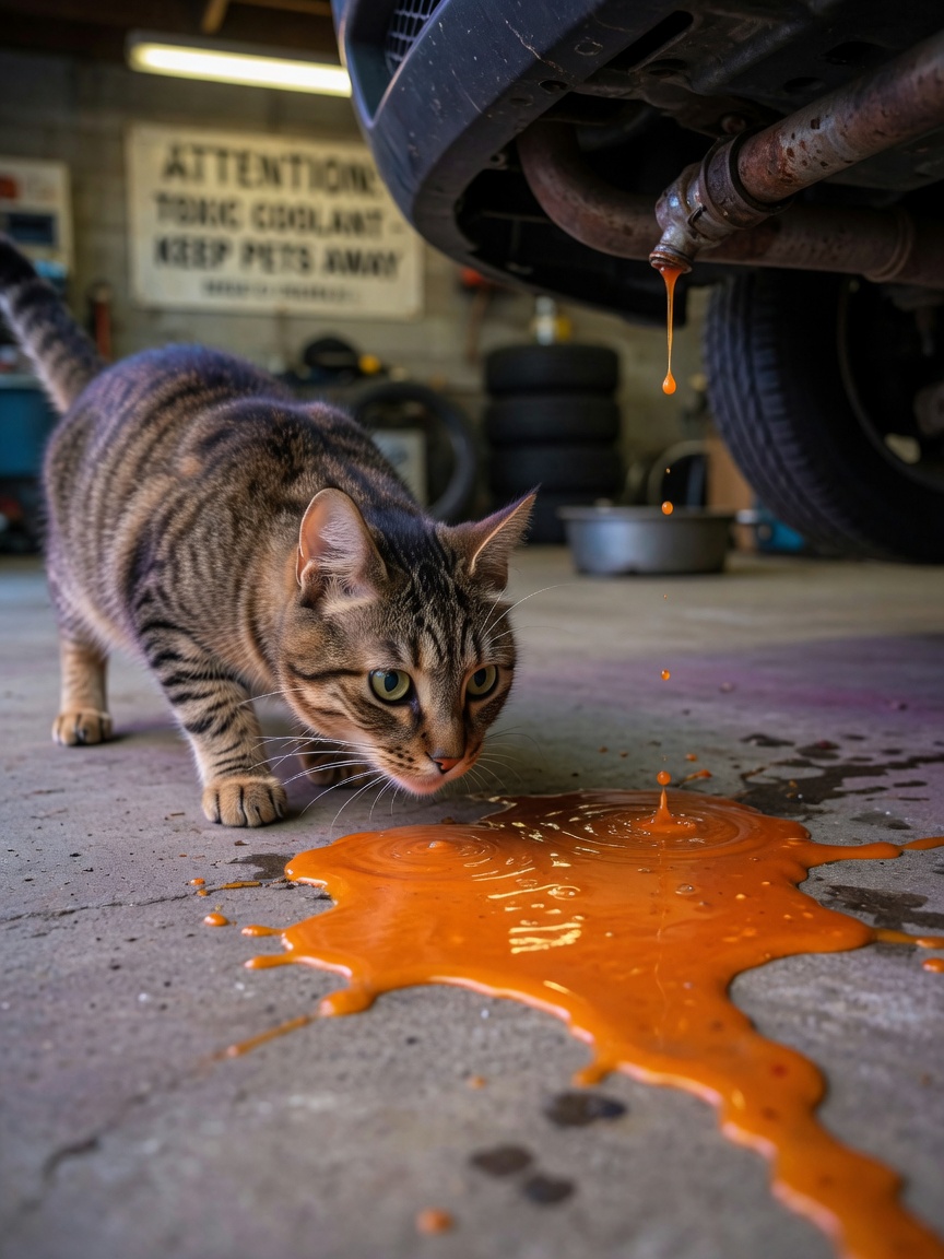 Tabbykat die een helder oranje antivriesmiddelplas onder een lekkende autokradiateur in een garage benadert