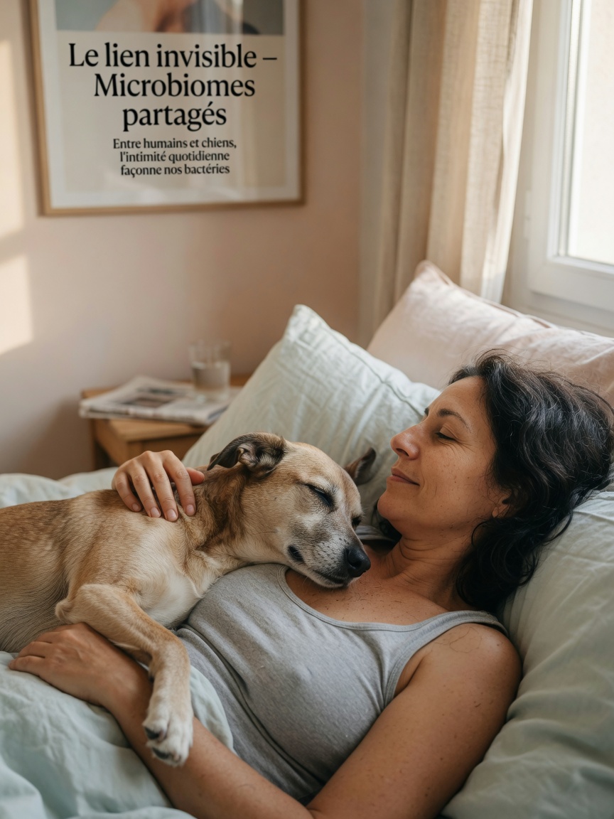 Pet owner and dog sleeping closely together on a bed showing intimate microbiome contact
