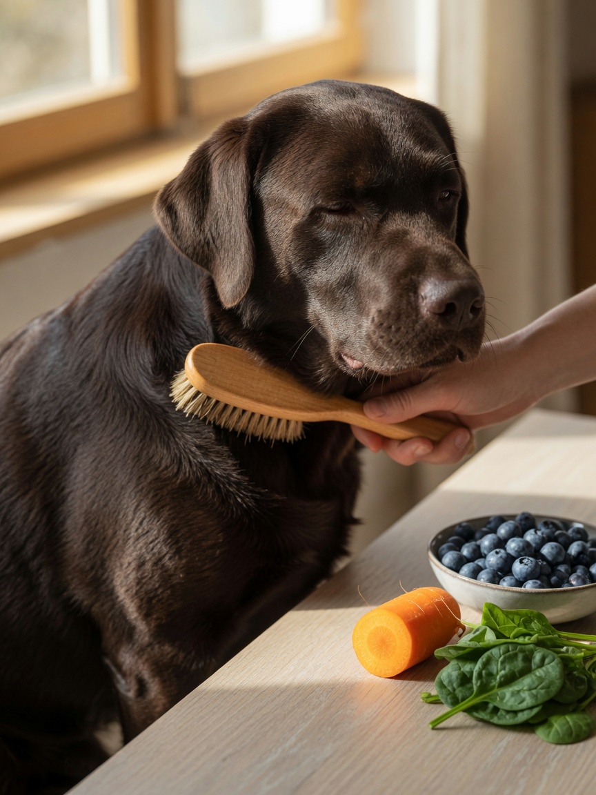 Pelage sain de chien brossé avec des aliments riches en antioxydants incluant des myrtilles, des carottes et des épinards à proximité