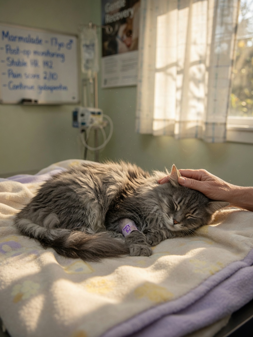 Cat resting peacefully on soft blanket with owner's comforting hand during emergency care recovery