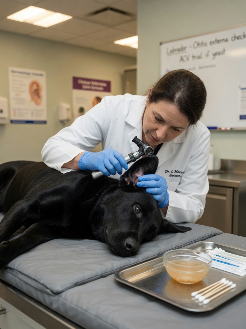 Veterinario che esamina l'orecchio di un Labrador nero con un otoscopio durante la valutazione dermatologica, con soluzione di ACV diluita preparata nelle vicinanze