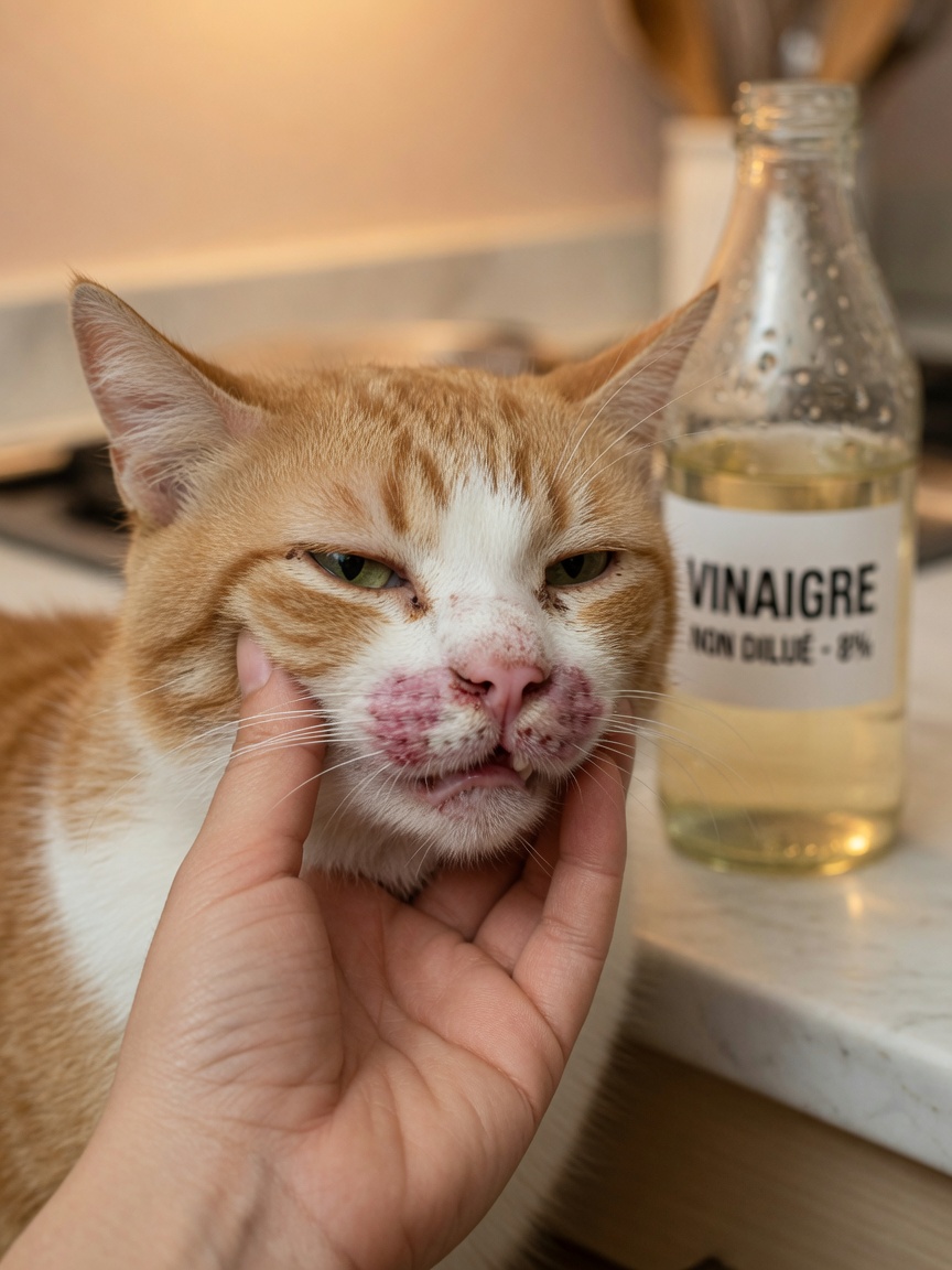 Close-up of a sensitive cat's face showing potential irritation from acidic substance exposure
