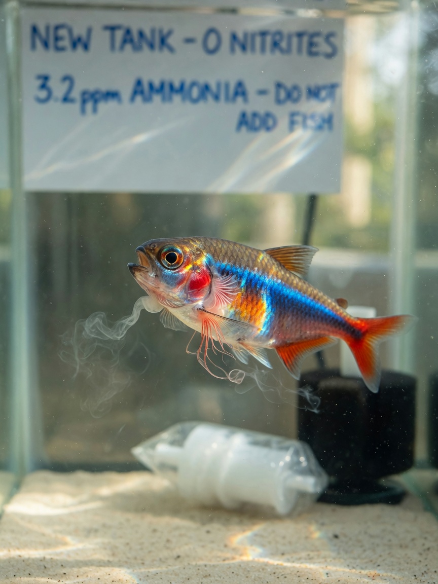 Un primer plano de un pez tropical mostrando láminas branquiales inflamadas y comportamiento estresado por envenenamiento por amoníaco en un acuario sin ciclar.