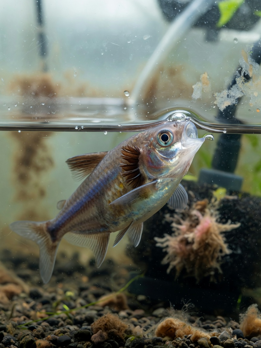 Un pez tropical jadeando en la superficie del agua con branquias de color marrón oscuro, mostrando signos de metahemoglobinemia por envenenamiento por nitrito durante el ciclo del nitrógeno del acuario.