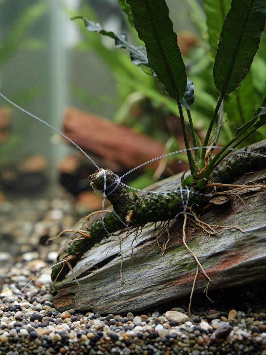 Java Fern rhizome attached to driftwood with fishing line, showing proper planting technique for beginner aquarium plants