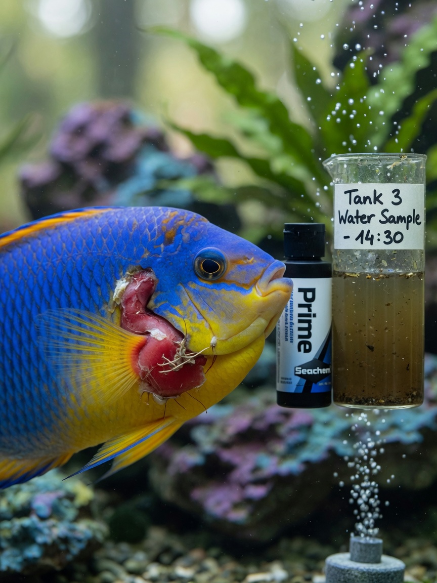 Fish with gill damage from ammonia exposure next to water conditioner treatment