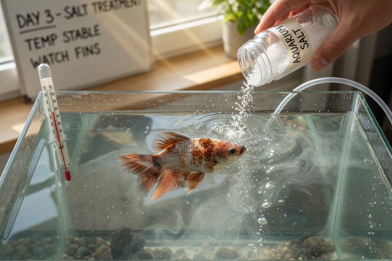 Aquarium salt being added to water to reduce nitrite toxicity and protect fish gills