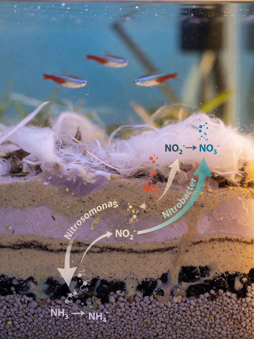 Nahaufnahme des Aquarium-Substrats und des Filtermaterials, das die Besiedlung durch nützliche Bakterien zur Unterstützung des Stickstoffkreislaufs zeigt