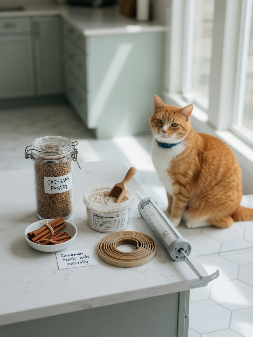 Kitchen countertop displaying safe ant control alternatives including sealed containers, cinnamon, and diatomaceous earth with a content cat in the background