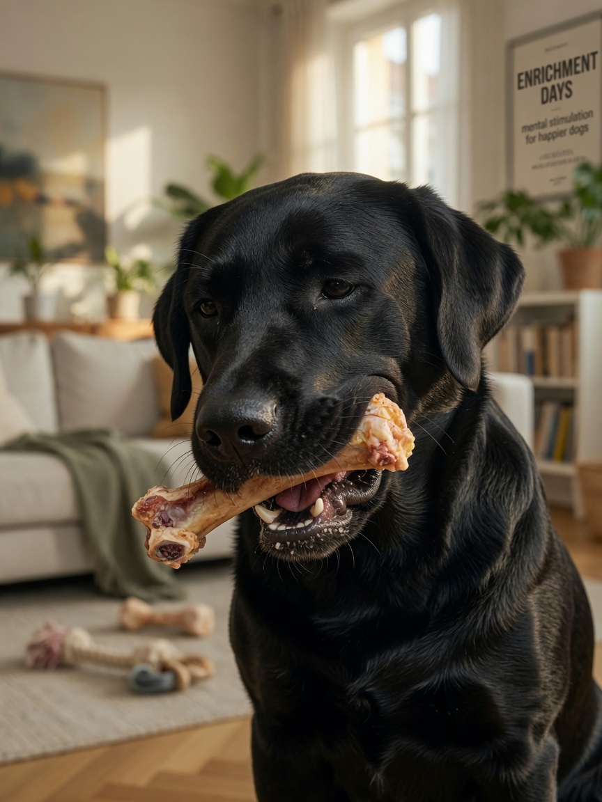 Black Labrador Retriever contentedly chewing a raw bone indoors with engaged expression