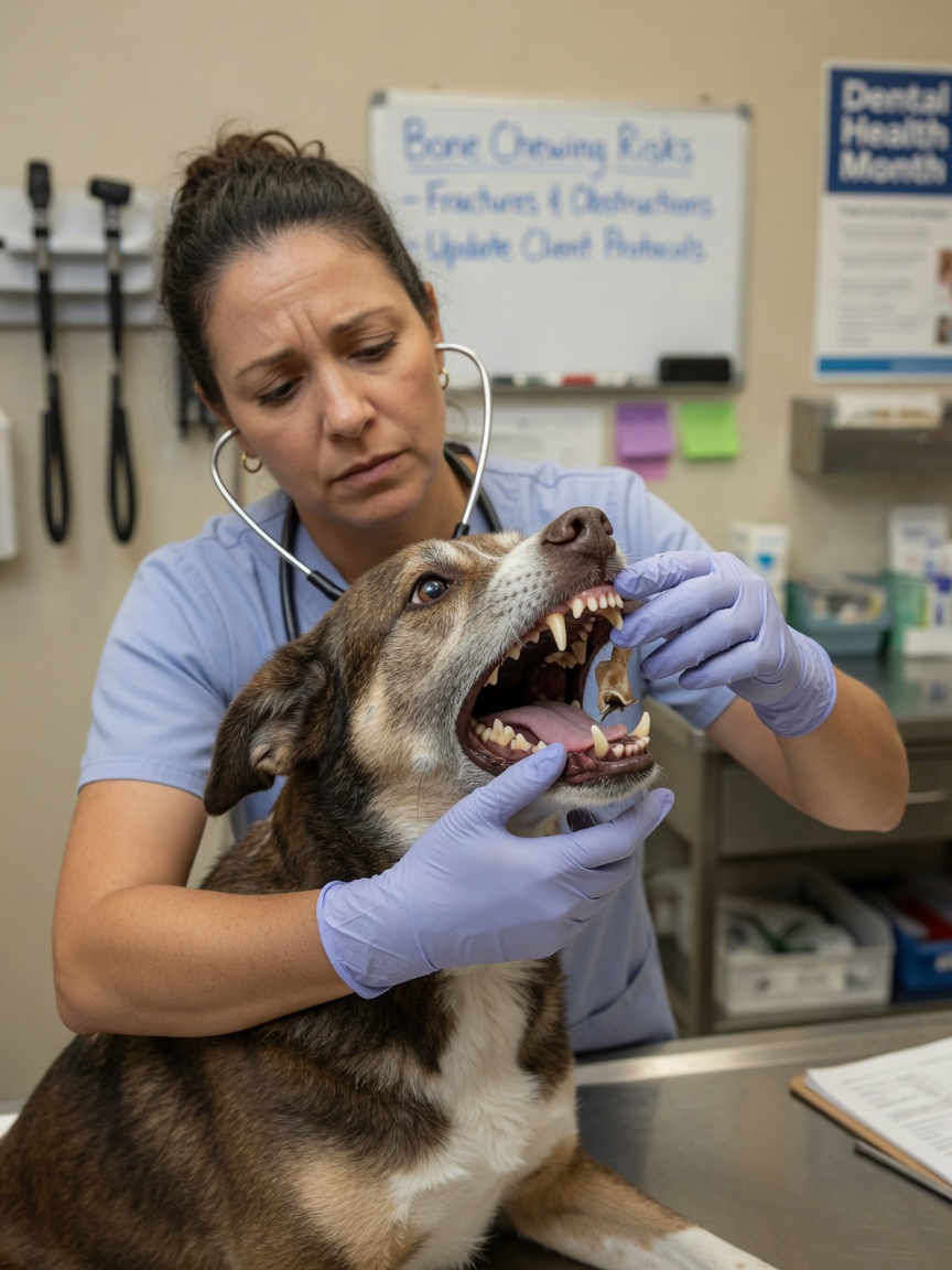 Veterinarian carefully examining a dog's mouth for bone-related injuries during a clinical inspection