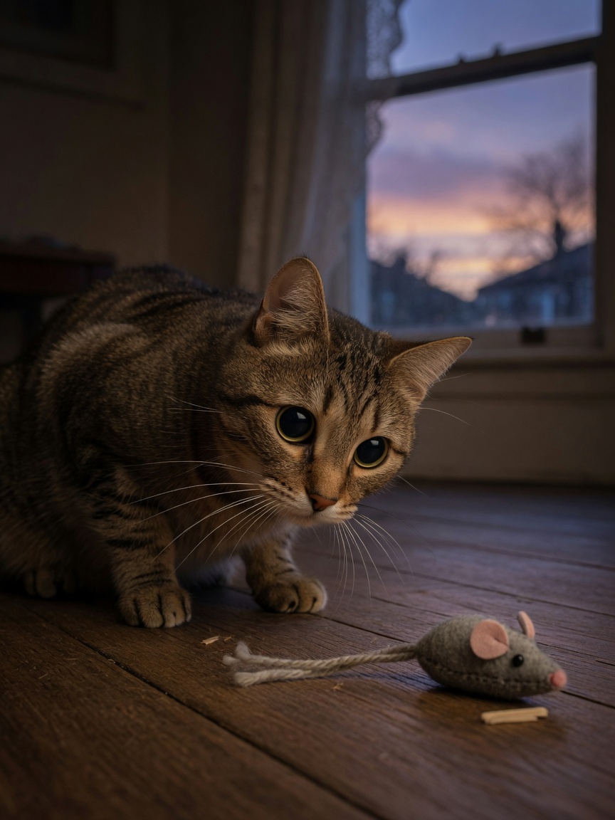 A tabby cat in low light demonstrating superior night vision and motion detection ability