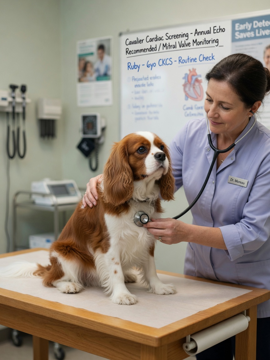 Um Spaniel Cavalier King Charles com pelagem castanha e branca senta-se numa maca de exame veterinário enquanto um veterinário ausculta o seu coração com um estetoscópio, mostrando cuidados de saúde preventivos.