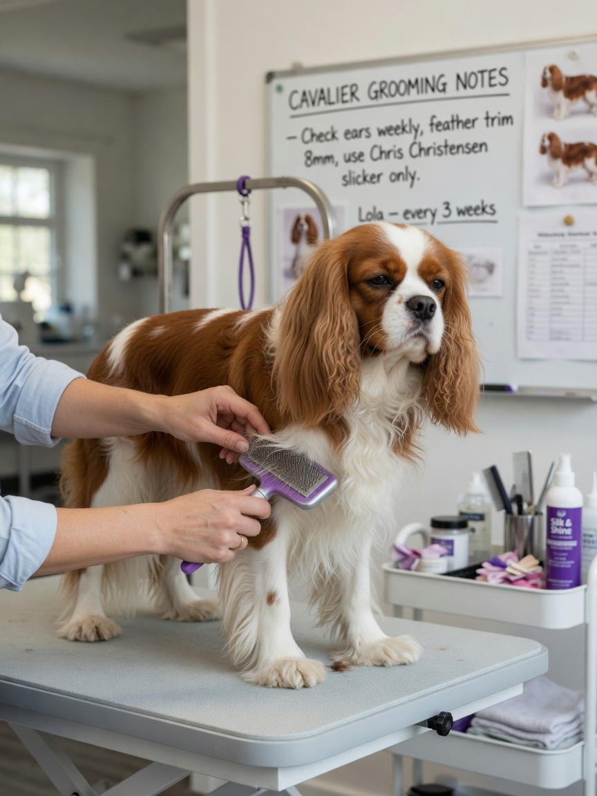 Um Spaniel Cavalier King Charles com pelagem sedosa castanha e branca está de pé numa mesa de higiene enquanto um tosador escova cuidadosamente a sua pelagem comprida e emplumada.
