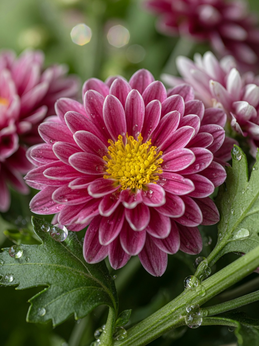 Close-up macro view of chrysanthemum flower petals and leaves showing fine botanical detail and plant sap