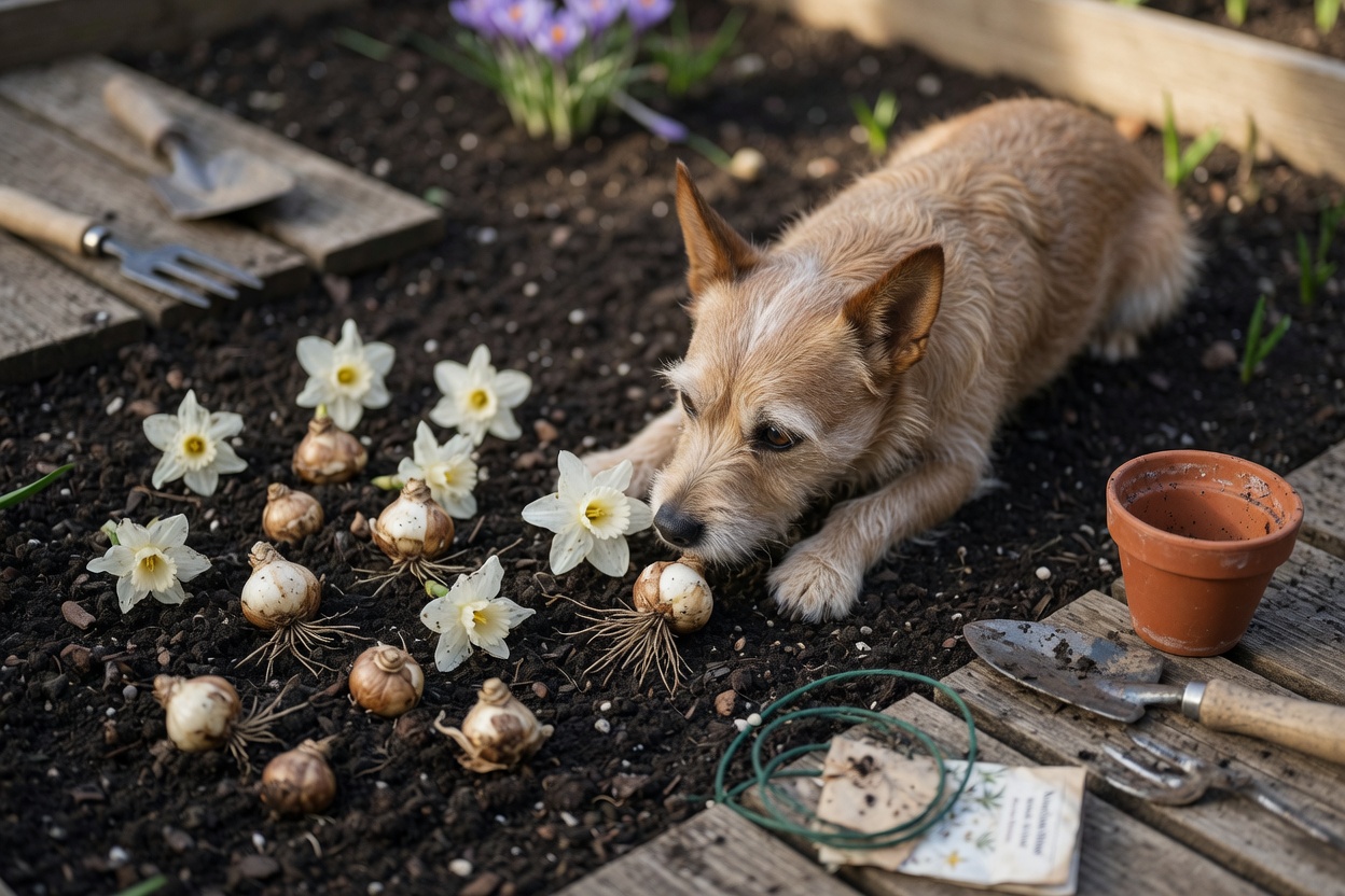 Terrier marrone e color crema che fiuta bulbi di narciso esposti nel terreno del giardino con forniture di piantagione vicino