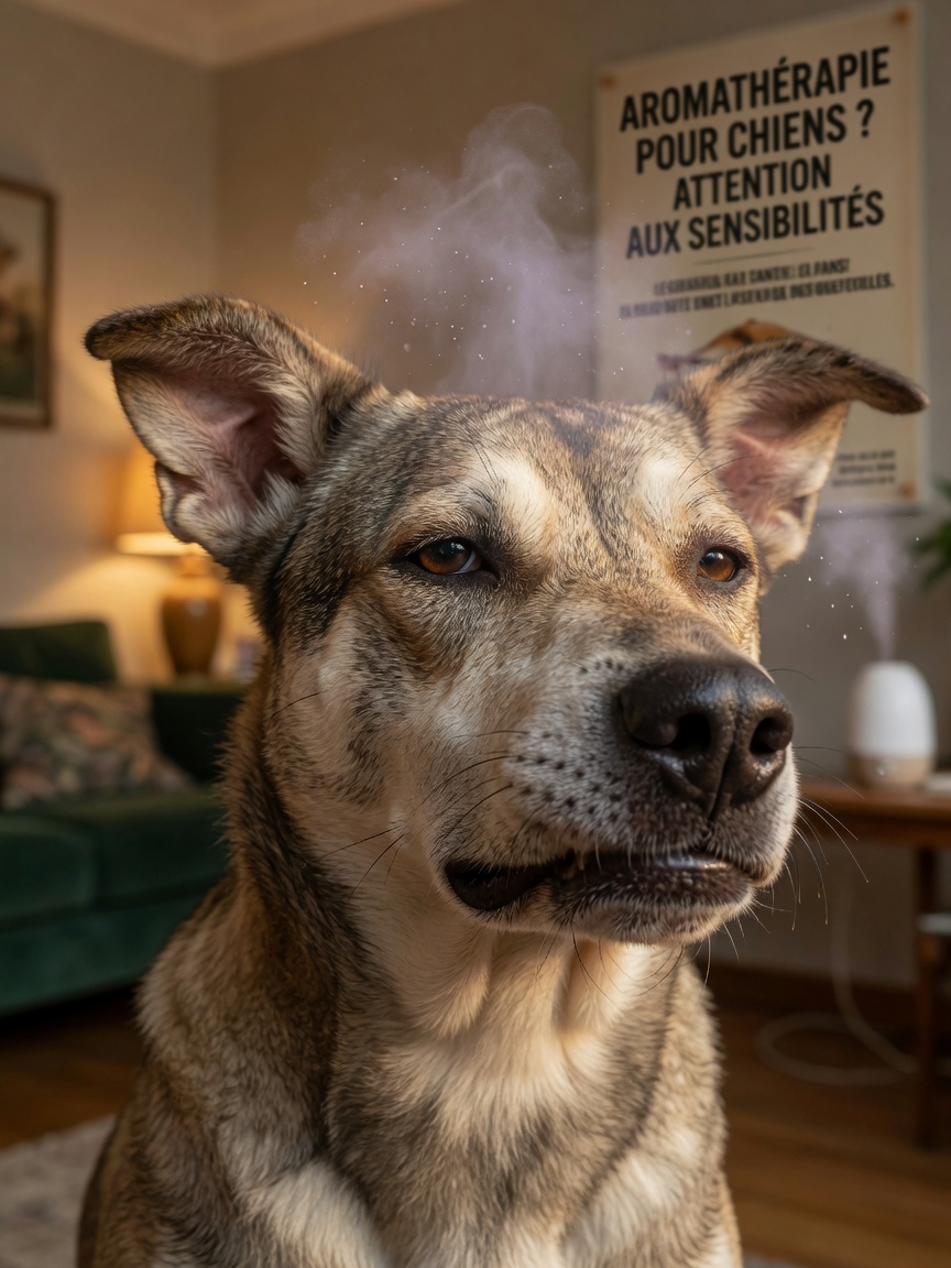 Close-up of dog's face reacting to essential oil diffuser mist in background